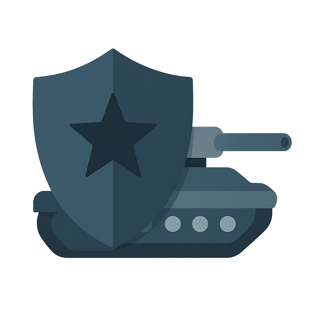 An armored tank and shield with a star on it simulating the defense industry